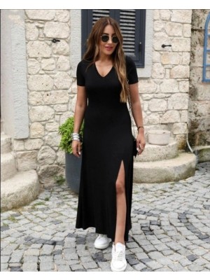 MiraLive Miray- Kadın Kısa Kollu V Yakalı Maksi Boy Viskon Elbise