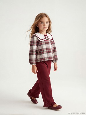 Lcw Bordo Bebe Yaka Ekose Kız Çocuk Bluz ve Pantolon