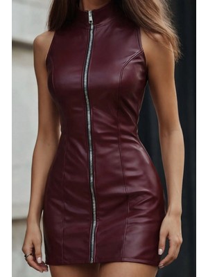 MiraLive Miray- Kadın Kolsuz Balıkçı Yaka Önden Fermuarlı Kısa Deri Elbise