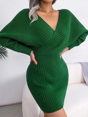 MiraLive Miray- Kadın Uzun Kollu Kruvaze Geniş Yakalı Mini Triko Elbise