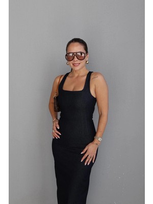 Purple By Banu Lacivert Midi Bodycon Jean Elbise