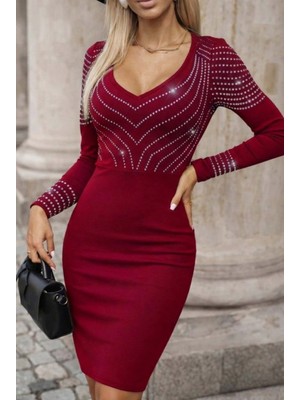 MiraLive Miray- Kadın Uzun Kollu V Yakalı Taşlı Mini Ithal Krep Elbise