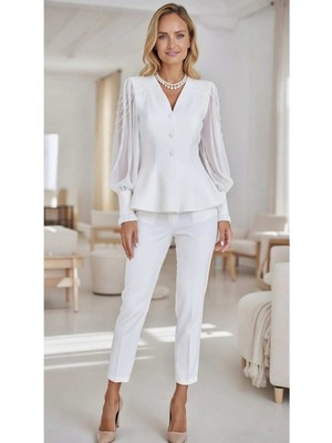 Zishan Fashion Beyaz Inci Boncuk Işlemeli Şifon Kol Premium Ikili Takım - Bluz Pantolon Seti 35026