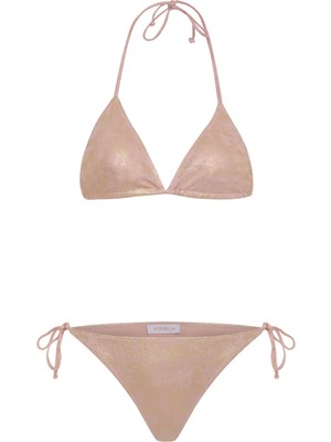 Aquella Gold Lame Baskı Pembe Üçgen Bikini Takım
