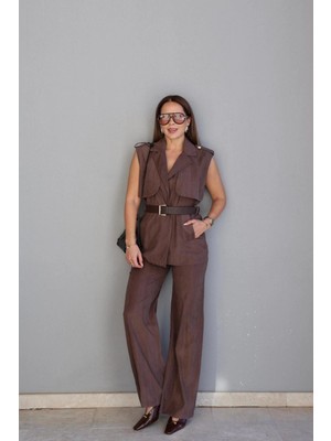 Purple By Banu Kahverengi Kemerli Yelek Pantolon Takım