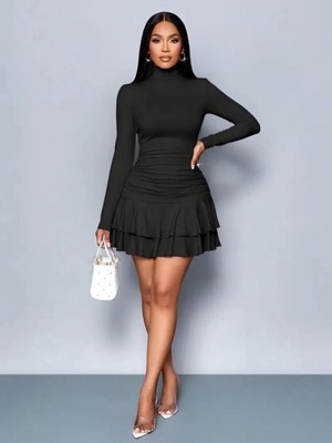 MiraLive Miray- Kadın Uzun Kollu Balıkçı Yaka Mini Fırfırlı Sandy Elbise