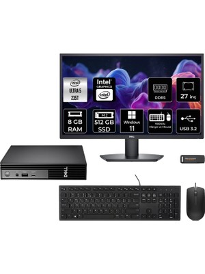 Dell Pro Micro QCM1250 Intel Core Ultra 5 235T 8gb 512GB SSD 27" Fhd Monitör W11H Mini Masaüstü Bilgisayar & Per4 USB Bellek QCM1250BTO106P553