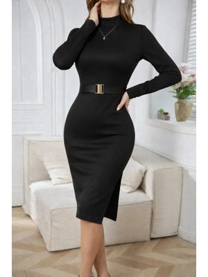 MiraLive Miray- Kadın Uzun Kollu Balıkçı Yaka Kemerli Midi Sıvama Deri Elbise