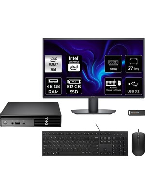 Dell Pro Micro QCM1250 Intel Core Ultra 7 265T 48GB 512GB SSD 27" Fhd Monitör Fdos Mini Masaüstü Bilgisayar & Per4 USB Bellek QCM1250BTO107P537