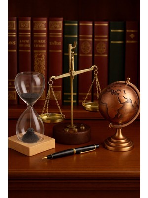 Biton Toptan Dekoratif 3’lü Ofis Masa Seti Terazi, Manyetik Kum Saati ve Bronz Metal Dünya Küresi Premium Hediye