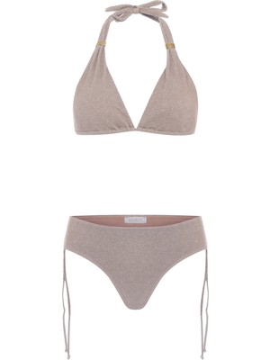 Aquella Gümüş Simli Dokulu Vizon Uzun Üçgen Bikini Takım