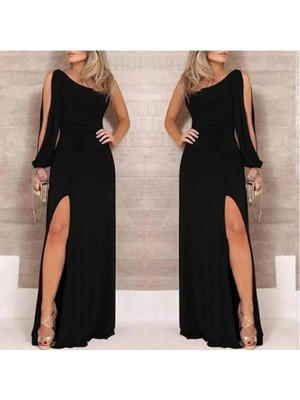 MiraLive Miray- Tek Omuz Açık Derin Yırtmaçlı Krep Tam Boy Elbise