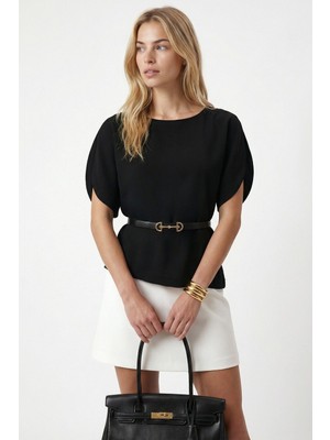 Ritnice Kadın Vance Bisiklet Yaka Düşük Omuzlu Ince Kemerli Siyah Tok Kumaş Bluz