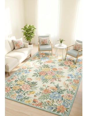 The Reef Design Çok Renkli Floral Halı Dijital Baskılı Yıkanabilir Kaymaz Tabanlı Renkli Çiçekli Ince Salon Halısı