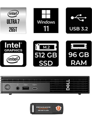 Dell Pro Micro QCM1250 Intel Core Ultra 7 265T 96GB 512GB SSD W11P Mini Masaüstü Bilgisayar & Per4 USB Bellek QCM1250BTO107P405