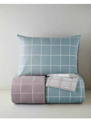 English Home Gridline Kolay Ütülenir Çarşaflı Tek Kişilik Nevresim Takımı 160X220 cm Seledon-Mürdüm