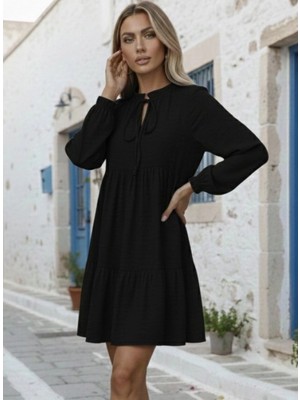 MiraLive Miray- Kadın Uzun Kollu Yakadan Bağcıklı Fırfırlı Keten Mini Elbise