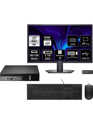 Dell Pro Micro QCM1250 Intel Core Ultra 7 265T 80GB 2tb SSD 27" Fhd Monitör W11P Mini Masaüstü Bilgisayar & Per4 USB Bellek QCM1250BTO107P619