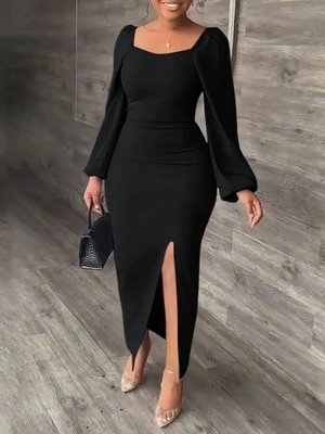 MiraLive Miray- Kadın Uzun Kollu Geometrik Yakalı Yandan Yırtmaçlı Uzun Janjan Krep Elbise