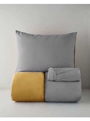 English Home Plain Pamuk Çarşaflı Tek Kişilik Nevresim Takımı 160X220 cm Gri-Sarı