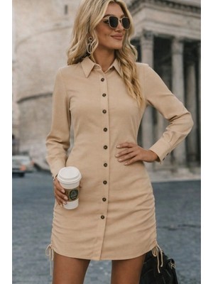 MiraLive Miray- Kadın Uzun Kollu Gömlek Yaka Önden Düğmeli Yanlardan Büzgülü Kısa Aerobin Elbise