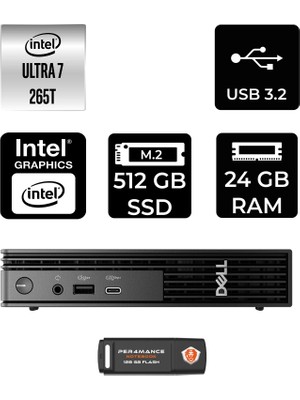 Dell Pro Micro QCM1250 Intel Core Ultra 7 265T 24GB 512GB SSD Fdos Mini Masaüstü Bilgisayar & Per4 USB Bellek QCM1250BTO107P309