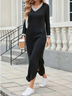 MiraLive Miray- Kadın Uzun Kollu V Yakalı Yanlardan Yırtmaçlı Uzun Viskon Iki Iplik Elbise