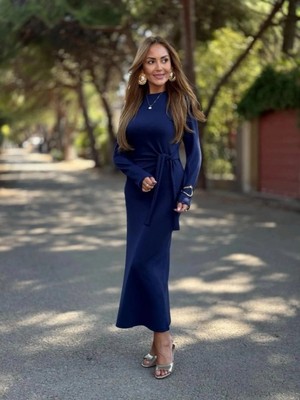 MiraLive Miray- Kadın Uzun Kollu Bisiklet Yaka Yandan Bağlamalı Uzun Modal Elbise