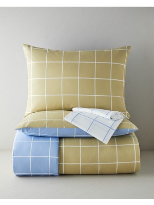 English Home Gridline Kolay Ütülenir Çarşaflı Çift Kişilik Nevresim Takımı 200X220 cm Yağ Yeşili- Mavi
