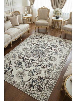 The Reef Design Bej Zeminli Bordürlü Vintage Saray Desenli Halı Dijital  Baskılı Kaymaz Yıkanabilir Salon Halısı