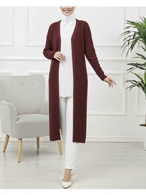 Modamorfo Yanları Yırtmaçlı Fitilli Uzun Triko Hırka  -Bordo