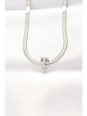 Erbilden Erb 316L Çelik T Harfli Silver Renk Italyan Zincirli Kolye