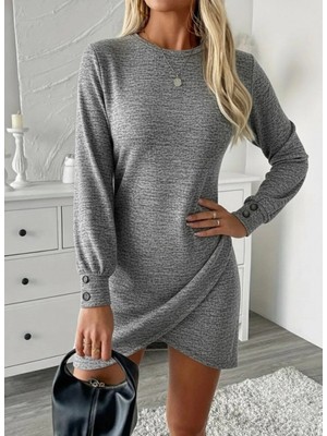 MiraLive Miray- Kadın Uzun Kollu Bisiklet Yaka Önden Asimetrik Kesim Detaylı Mini Yumoş Elbise