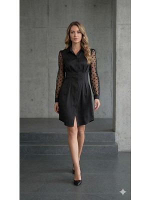 MiraLive Miray- Kadın Uzun Kollu Yakalı Düğmeli Mini Ithal Krep Elbise