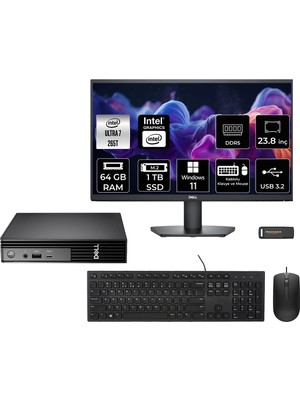 Dell Pro Micro QCM1250 Intel Core Ultra 7 265T 64GB 1tb SSD 23.8" Fhd Monitör W11H Mini Masaüstü Bilgisayar & Per4 USB Bellek QCM1250BTO107P470