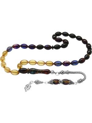 Tesbihane 925 Ayar Gümüş Püsküllü Arpa Kesim Süzme Bonibon Ateş Kehribar Tesbih