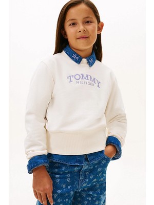 Tommy Hilfiger Kız Çocuk Logolu Nakışlı Bisiklet Yaka Sweatshirt - Kırık Beyaz