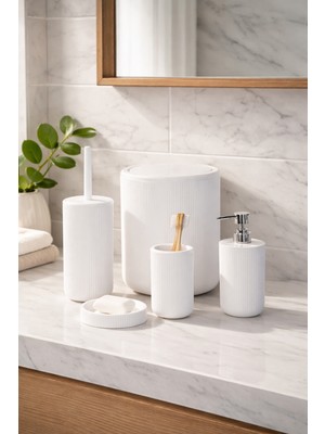 Perotti 33031500001-1 5 Parça Yuvarlak Banyo Seti - Çöp Kovası, Sabunluk, Diş Fırçalığı ve Silikon Wc Fırçası Beyaz