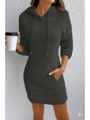 MiraLive Miray- Kadın Uzun Kollu Kapşonlu Cepli Mini Peluş Elbise