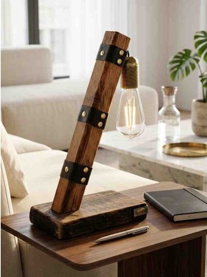 Yediotuz Digital Pazarlama Retro Wood El Yapımı Rustik Masa Lambası – Gerçek Deri Detaylı (Edison Ampul Dahil