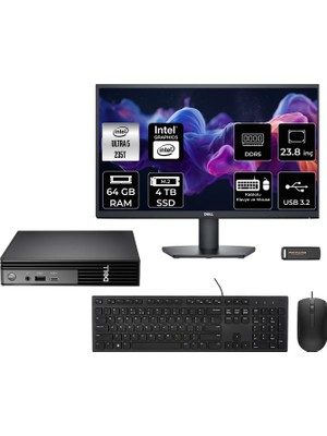 Dell Pro Micro QCM1250 Intel Core Ultra 5 235T 64GB 4tb SSD 23.8" Fhd Monitör Fdos Mini Masaüstü Bilgisayar & Per4 USB Bellek QCM1250BTO106P436