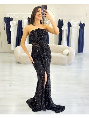 Thezkscom-Kadın Straplez Bel Dekolteli Pul Payet Abiye Elbise Saks, Lacivert, Pudra, Siyah, Gümüş, Gold