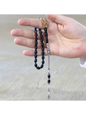 Tesbihane 925 Ayar Gümüş Püsküllü Arpa Kesim Süzme Mavi-Beyaz Ateş Kehribar Tesbih