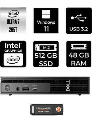 Dell Pro Micro QCM1250 Intel Core Ultra 7 265T 48GB 512GB SSD W11P Mini Masaüstü Bilgisayar & Per4 USB Bellek QCM1250BTO107P393
