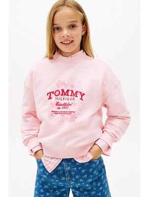 Tommy Hilfiger Kız Çocuk Tommy Flock Flower Bisiklet Yaka Sweatshirt - Pembe