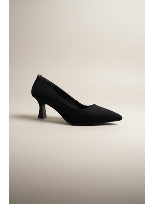 Modayak Zarif Siyah Süet  Ince  Topuk Sivri Burun Topuklu Ayakkabı