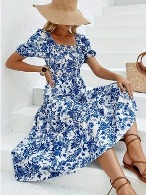 MiraLive Miray- Kadın Kısa Kollu Kare Yakalı Lastikli Desenli Süprem Elbise