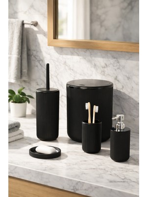 Perotti 33031500001 5 Parça Yuvarlak Banyo Seti - Çöp Kovası, Sabunluk, Diş Fırçalığı ve Silikon Wc Fırçası Siyah