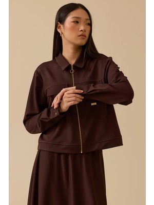 Seçil Kadın Göğüs Kuplu Fermuarlı Ceket - Kahverengi