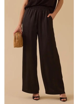 Seçil Kadın Elastik Bel Bol Paça Cepli Pantolon - Siyah